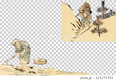 A loose drawing of an old woman doing laundry in the river and an old man mowing the grass in the mountains 125272791