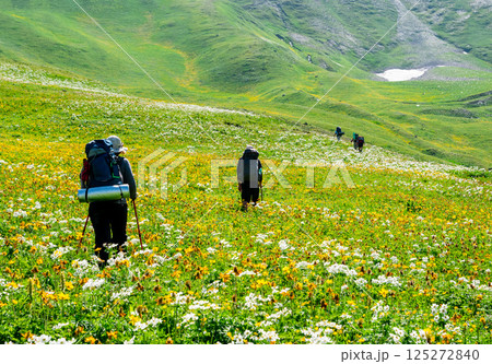 Tourists with a backpacks in Caucasus mountains. Svaneti region, Georgia 125272840