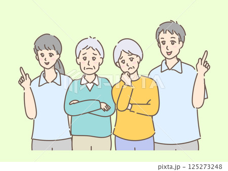 優しい色合いで描いた、困った表情の腕組みをするシニア夫婦とアドバイスをする男女 （背景あり） 125273248