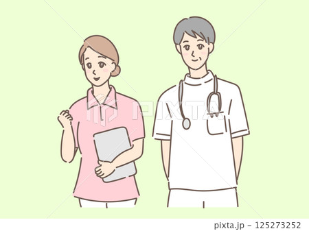 優しい色合いで描いたと医者と看護師（医療関係者）背景あり 125273252