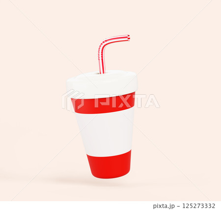 3d red paper takeaway cup mockup with striped straw render. Realistic disposable container package for drink to-go, cola soda, juice or lemonade beverage with white closed plastic lid. 3D illustration 3d red paper takeaway cup mockup with striped straw render. Realistic disposable container package for drink to-go, cola soda, juice or lemonade beverage with white closed plastic lid. 3D illustration 125273332