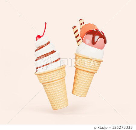 3d ice cream in waffle cups. Vanilla icecream with chocolate swirl and cherry on top. Pink ball sundae with melt choco drips, wafer rolls, cookie, sprinkle. Cartoon summer render set. 3D illustration 125273333