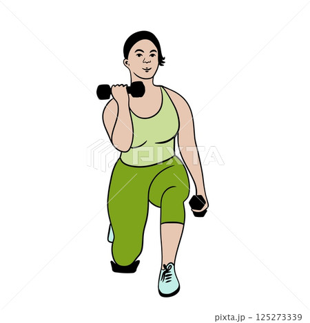 Hand drawn illustration of fitness training woman. Physical exercises gym session working out, modern sport art, confident fit female, weightlifting bodybuilding muscles, young girl athletic. 125273339