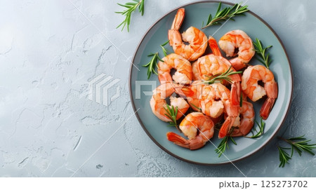 Shrimp bake grill seafood fresh healthy cook on plate copy space 125273702