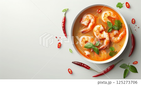 Asian meal tom yum with shrimp spicy soup with chili and coconut milk copy space 125273706