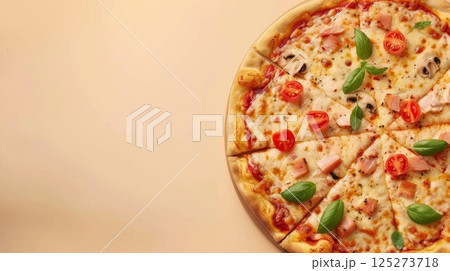 Tuna pizza with basil, tomato, mozzarella, olive copy space background 125273718