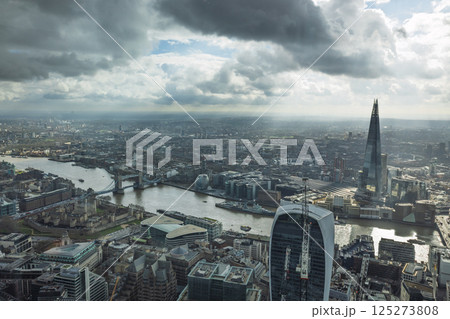 Aerial View of London Skyline Featuring Iconic Shard Tower and River Thames Aerial View of London Skyline Featuring Iconic Shard Tower and River Thames 125273808