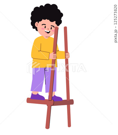 Egrang bamboo wooden balancing game children kids play traditional Indonesia outdoor activities drawing illustration 125273820