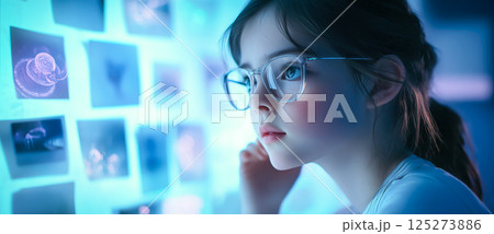 A smart girl deep in thought as she contemplates a challenging scientific problem. The concept of intelligence, curiosity, and critical thinking. Generative AI. 125273886