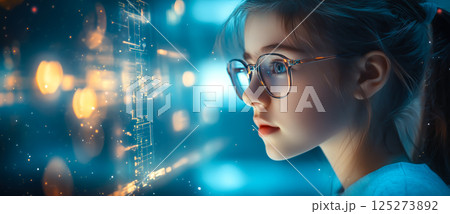 A smart girl deep in thought as she contemplates a challenging scientific problem. The concept of intelligence, curiosity, and critical thinking. Generative AI. 125273892