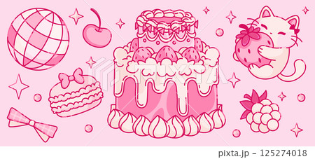 Coquette cake and animal mascot on pink background Coquette cake and animal mascot on pink background 125274018
