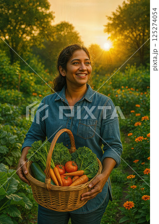 Woman smiling in organic vegetable garden 125274054