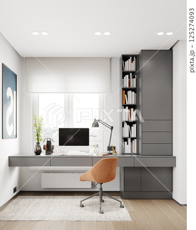 Home office with desk and shelves Home office with desk and shelves 125274093