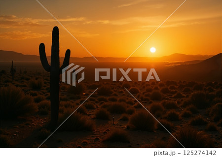 Cactus in desert landscape at sunset 125274142