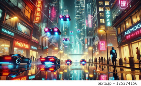 Futuristic city street glowing in cyberpunk colors 125274156