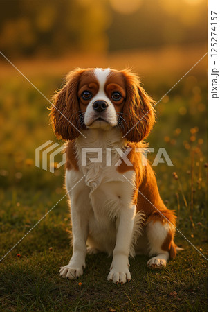 Cavalier King Charles Spaniel sitting in sunset light 125274157