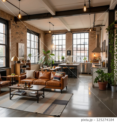 Open-concept loft with brick walls 125274184
