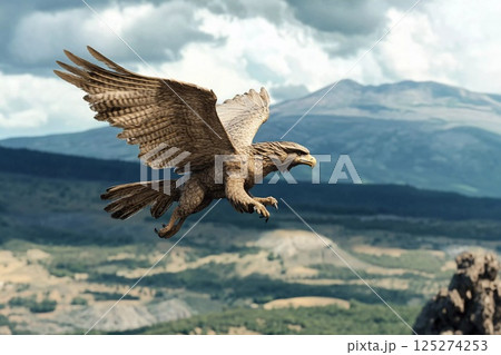 Majestic eagle soaring over a dramatic landscape with mountains and clouds 125274253