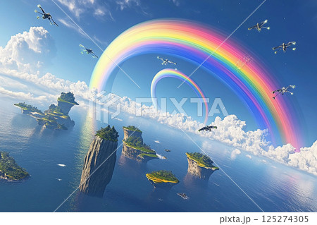 Vibrant rainbow arches over floating islands in a surreal fantasy landscape with a celestial backdrop 125274305