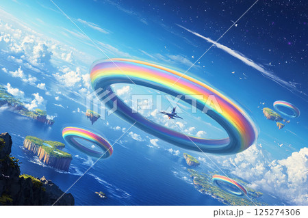 Vibrant rainbow arches over floating islands in a surreal fantasy landscape with a celestial backdrop 125274306