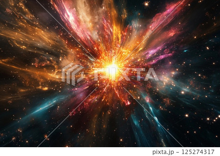 Cosmic explosion showcasing vibrant colors and swirling particles in deep space 125274317