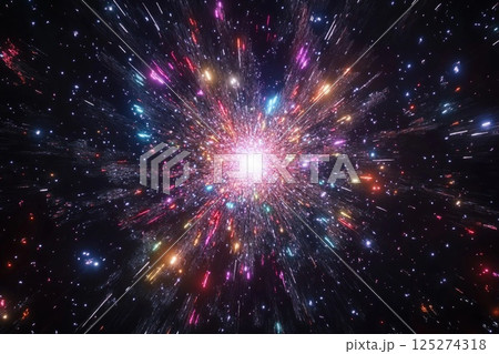Cosmic explosion showcasing vibrant colors and swirling particles in deep space 125274318