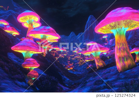 Vibrant glow of neon mushrooms under a starry night sky in a mystical forest landscape 125274324