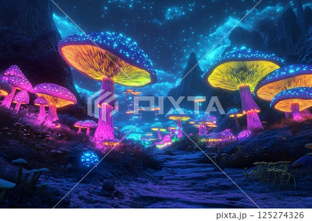 Vibrant glow of neon mushrooms under a starry night sky in a mystical forest landscape 125274326