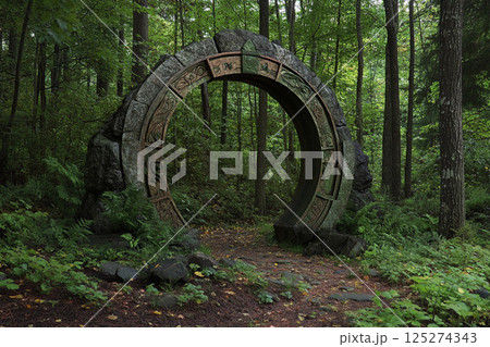 Mysterious stone gateway stands in a serene forest surrounded by tall trees on an overcast day 125274343