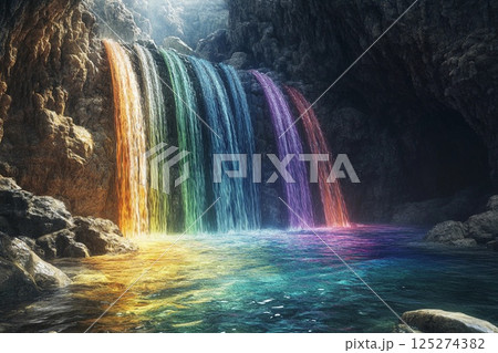 Colorful waterfalls cascade in a serene cave with rainbow hues and tranquil waters Colorful waterfalls cascade in a serene cave with rainbow hues and tranquil waters 125274382