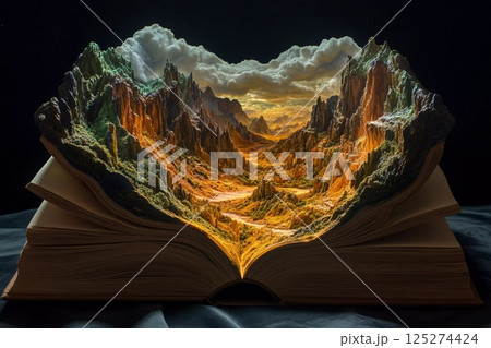 Magical landscape emerges from open book at night with stars illuminating the scene 125274424