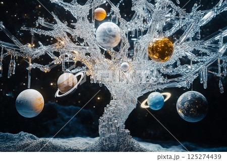 Crystal tree sculpture displays planets in cosmic arrangement against black background 125274439