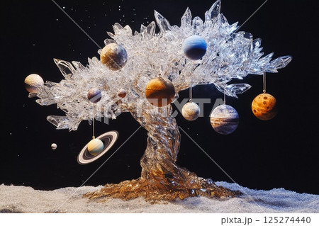 Crystal tree sculpture displays planets in cosmic arrangement against black background 125274440