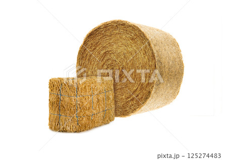 round and rectangular hay bale isolated on white background 125274483