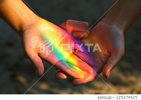 Hands catch a rainbow in sunlight during a...のイラスト素材 [125274525] - PIXTA