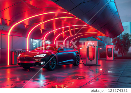 Power source for charging battery of beautiful hybrid electric car on road, abstract vivid composition consists of fictional unreal fantastic vision on background 125274581