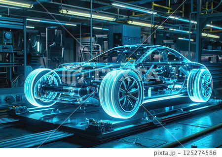 Power source for charging battery of beautiful hybrid electric car on road, abstract vivid composition consists of fictional unreal fantastic vision on background Power source for charging battery of beautiful hybrid electric car on road, abstract vivid composition consists of fictional unreal fantastic vision on background 125274586