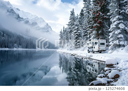 Holiday trip on large family motorhome for holiday in beautiful natural nature, abstract vivid composition consists of fictional unreal fantastic vision on background Holiday trip on large family motorhome for holiday in beautiful natural nature, abstract vivid composition consists of fictional unreal fantastic vision on background 125274608