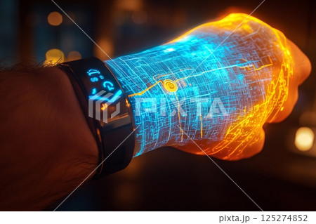 3D holographic map displayed from a wristband illuminates the hand with vibrant city pathways and landmarks during the evening 125274852