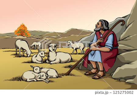 Vector drawing. Shepherd with sheep. Moses look at flaming bush 125275002