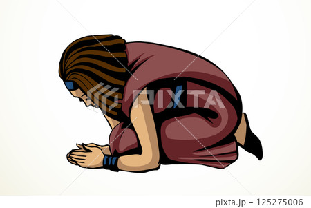Vector drawing. Egyptian girl bow in praying 125275006