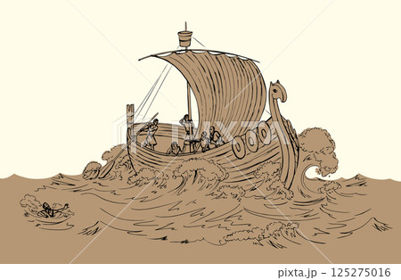 Vector drawing. Sailors on a ship in a storm 125275016