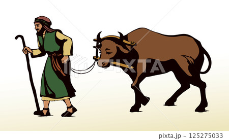 Vector drawing. A man leads an ox 125275033