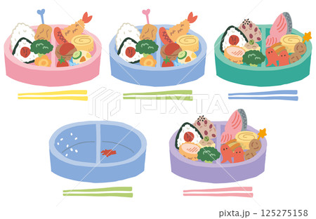 カラフルなお弁当箱とおかず／お箸あり（ベクターあり） 125275158