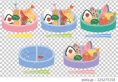 カラフルなお弁当箱とおかず／お箸あり（ベクターあり） 125275158
