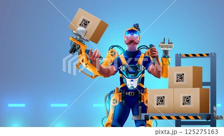 Engineer is working in futuristic bionic exoskeleton and picking up boxes on factory. Robotic exosuit on worker in warehouse. Sci-fi concept exoskeleton suit. Future technology of delivery, logistic. 125275163