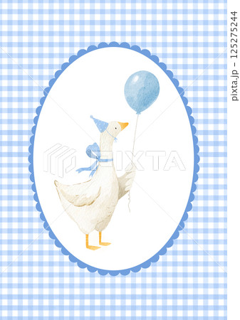 Cute goose illustration. Adorable poster for a boy with an oval frame and goose, farm bird, watercolor cottagecore style, funny character. Childish print and poster, kids' textile and nursery decor 125275244