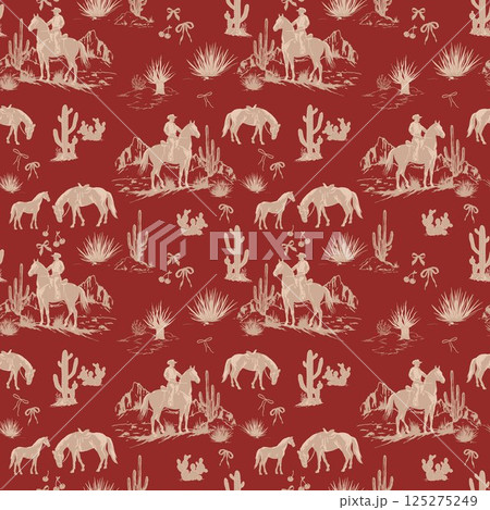 Cute Rodeo Cowboys seamless pattern. desert landscape with cacti repeating background. Wild West surface pattern design for All fabric and Prints 125275249
