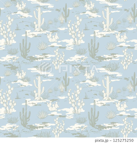 Seamless Pattern of Desert Landscape with Cacti and Vegetation. Wild West Surface Poster Design for All Fabrics and Prints. Background Wallpaper featuring Arizona artwork. 125275250