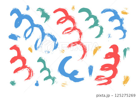 Childish fun brush stroke paint squiggles lines. Hand drawn kids confetti. Linear dye scribble elements set isolated on white background. Doodle party spirals celebration decoration. 125275269